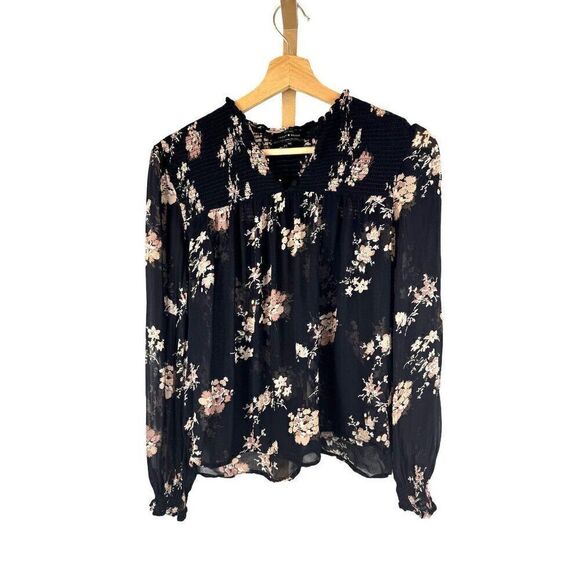 Lucky Brand Semi Sheer Floral Smocked Long Sleeve V-Neck Black Top Sz XS EUC - Picture 1 of 9
